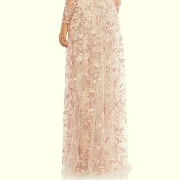 Mac Duggal Nude Rose Pink Floral Appliqué Long Sleeve Lace A-Line Gown